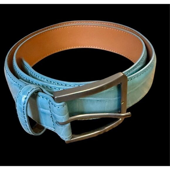 Leather Men’s Turquoise Embossed Belt Sz. 32 - Picture 2 of 8